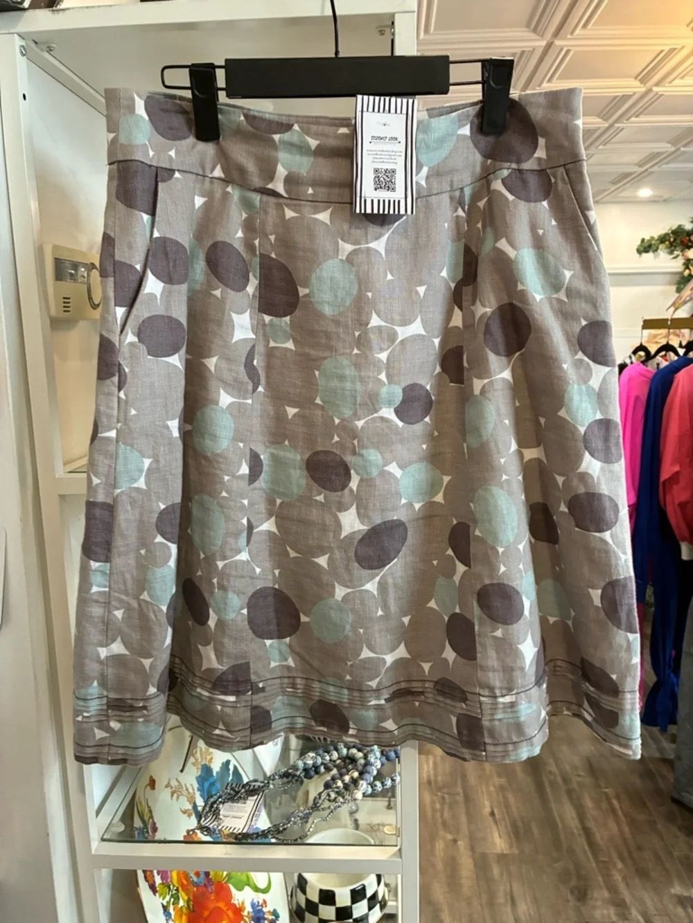 Boden Casual A-Line Skirt in Taupe with Mint and Dark Gray Circles 8R